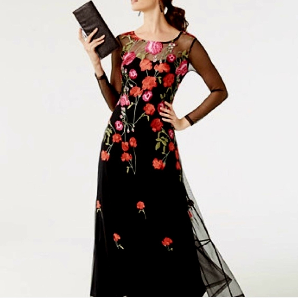 Sophisticated Floral Elegant INC International Concepts Black Mesh Maxi Dress 🌹